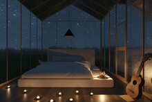3d Rendering Of Cozy Greenhouse With White Bed And Illuminated Candles At Night