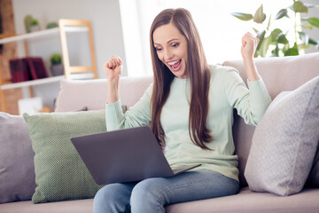 Poster - Photo of hooray young brunette lady sit on sofa with laptop wear blue shirt at home alone