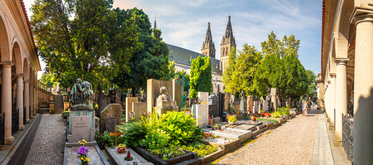 Vysehrad Cemetery, Prague, Czech republic - panorama of the cemetery with arcades and graves of famous personalities