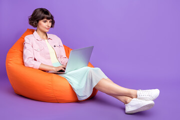 Sticker - Full size photo of focused charming young woman sit chair hold laptop work isolated on purple color background