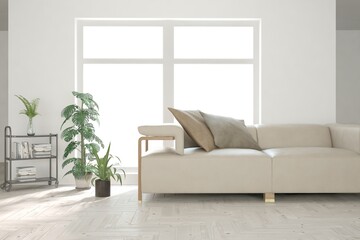 White living room with sofa. Scandinavian interior design. 3D illustration