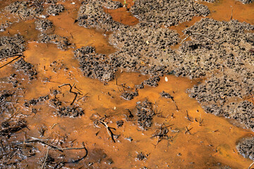 Wall Mural - Background of brown mud with bright orange chemicals, environmental pollution, toxic waste hazard, horizontal aspect