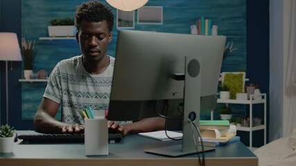 Poster - Entrepreneur typing on keyboard and working from home. Person using computer for remote corporate work and browsing internet. Businessman doing networking project with technology