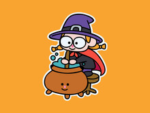Cute And Kawaii Little Witch Mix Potion In Cauldron Halloween Character Illustration Sticker