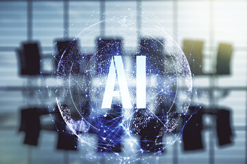 Aufkleber - Creative artificial Intelligence symbol hologram on a modern coworking room background. Double exposure