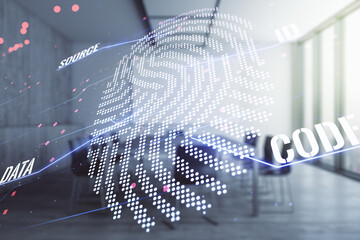 Aufkleber - Abstract virtual fingerprint illustration on a modern coworking room background, personal biometric data concept. Multiexposure