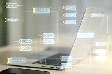 Poster - Multi exposure of abstract programming language hologram on computer background, artificial intelligence and machine learning concept