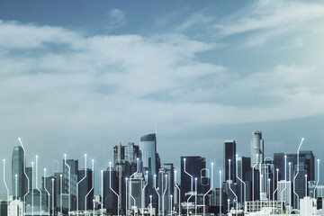 Poster - Abstract virtual microscheme illustration on Los Angeles skyline background. Big data and database concept. Multiexposure