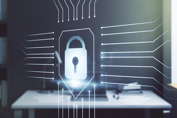 Poster - Creative lock sketch with chip hologram and modern desk with computer on background, protection of personal data concept. Multiexposure