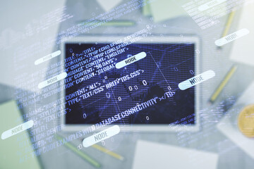 Poster - Multi exposure of abstract creative coding sketch with world map and modern digital tablet on background, top view, artificial intelligence and neural networks concept