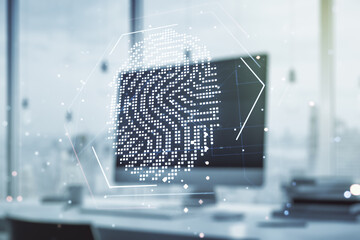 Poster - Multi exposure of abstract creative fingerprint illustration on modern laptop background, digital access concept