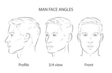 Vector Set Of Man Face Portrait Three Different Angles And Turns Of A Male Head. Close-up Line Sketch. Different View Front, Profile, Three-quarter Of A Boy.