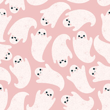Pink Ghost Seamless Pattern. Cute Style Background. Vector Illustration