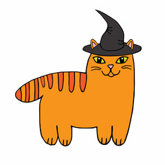 Sticker - Vector hand drawn doodle sketch Halloween ginger colored cat in witch hat isolated on white background