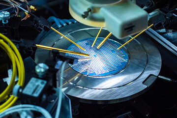 Poster - study of test sample of transistor microchip. pcb under microscope in laboratory. equipment for test