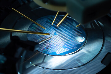 Poster - Close up of examining test sample of microchip. Microchip under microscope. PCB transistor in laboratory. Equipment for testing microchips. Testing during PCB production. Manufacturing of microchips.