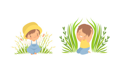 Poster - Cute Little Boy Sitting on Green Meadow Grass and Smiling Vector Set