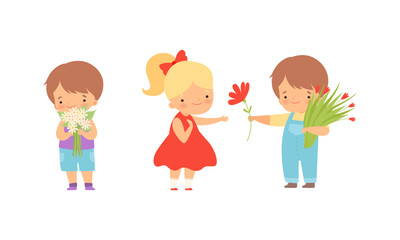 Poster - Cute Little Boy Giving Flowers to Girl Expressing Congratulations Vector Set