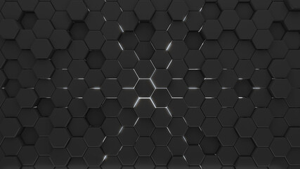 Poster - abstract black hexagon shapes background with light,3d rendering