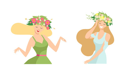 Poster - Young Female with Splendid Hair Having Floral Wreath on Her Head Vector Set