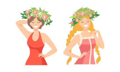 Poster - Young Female with Splendid Hair Having Floral Wreath on Her Head Vector Set