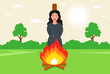 witch burn at the stake. victim of religious error. Flat vector illustration.