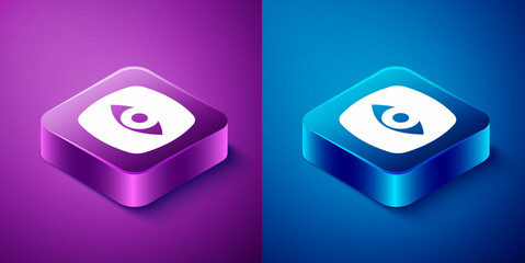 Canvas Print - Isometric Security camera icon isolated on blue and purple background. Square button. Vector