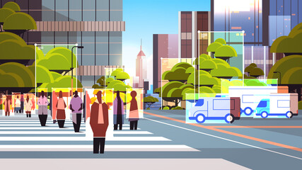 Poster - detection and identification of people and cars on city street roads facial recognition AI analyze big data concept