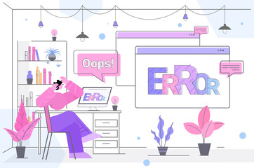 Poster - frustrated businessman with error message on screen site with problem not working lost not found broken webpage concept horizontal full length vector illustration