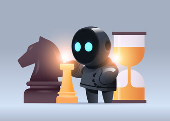 Poster - black robot cyborg playing chess strategy artificial intelligence technology concept horizontal