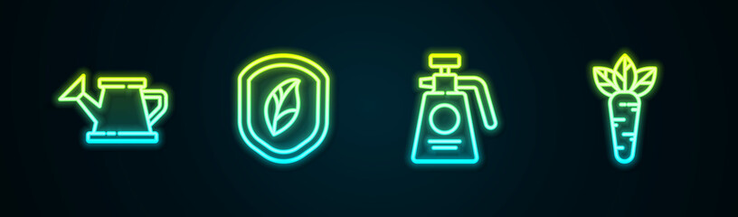 Sticker - Set line Watering can, Shield with leaf, Garden sprayer for fertilizer and Carrot. Glowing neon icon. Vector