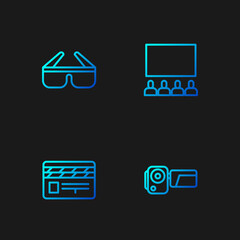 Poster - Set line Cinema camera, Movie clapper, 3D cinema glasses and auditorium with screen. Gradient color icons. Vector