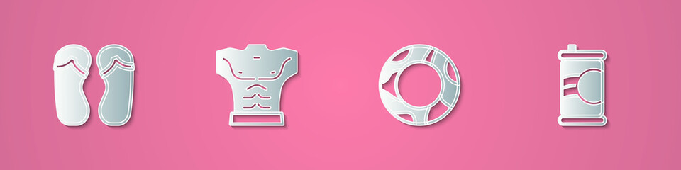 Sticker - Set paper cut Flip flops, Bodybuilder muscle, Rubber swimming ring and Soda can icon. Paper art style. Vector