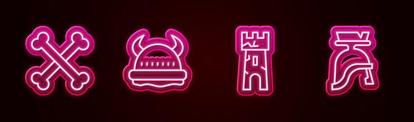 Sticker - Set line Crossed human bones, Viking in horned helmet, Castle tower and Roman army. Glowing neon icon. Vector