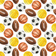 Watercolor illustration of sport balls set like water polo, rugby, basketball and soccer pattern