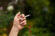 Mans hand holding a weed joint in a green surrounding with nature, plants and greenery. Smoking legal soft drugs in a garden