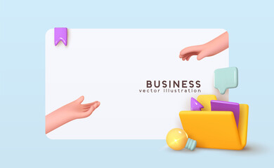 Aufkleber - Business affairs, conclusion of deal and contract. Big Folder, document, file, hands realistic 3d icon. Concluding handshake. Landing page for website. Concept creative idea. Vector illustration.