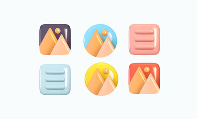 Aufkleber - Set of gallery icons, images photos and videos. Realistic 3d design. Soft multicolored pastel colors. Vector illustration