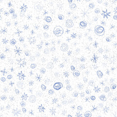 Hand Drawn Snowflakes Christmas Seamless Pattern. Subtle Flying Snow Flakes on chalk snowflakes Background. Alluring chalk handdrawn snow overlay. Ideal holiday season decoration.