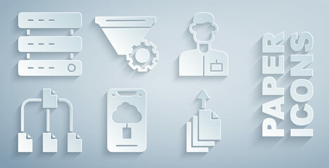 Poster - Set Cloud technology data transfer, Analyst engineer, Folder tree, Data export, Filter setting and Server, Data, Web Hosting icon. Vector