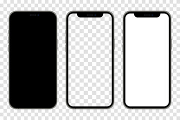 Poster - Realistic smartphone mockup set. Mobile phone blank, white, transparent screen design. Modern digital device template. Cellphone display front view mock up. Black frame. Isolated vector illustration