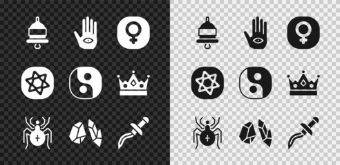 Sticker - Set Ringing alarm bell, Hamsa hand, Venus, Spider, Magic stone, Dagger, Tarot cards and Yin Yang icon. Vector