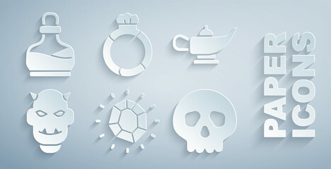 Wall Mural - Set Magic stone, lamp or Aladdin, Mask of the devil with horns, Skull, ring gem and Bottle potion icon. Vector