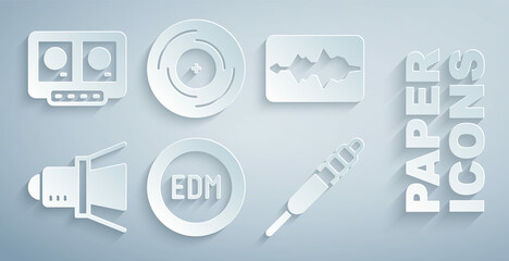 Set EDM electronic dance music, Music wave equalizer, Movie spotlight, Audio jack, Vinyl disk and DJ remote and mixing icon. Vector