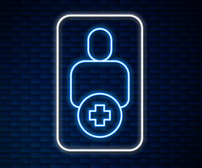 Poster - Glowing neon line Add to friend icon isolated on brick wall background. Vector