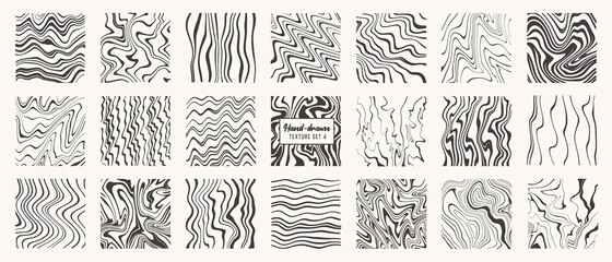 Set of liquid hand drawn patterns isolated. Vector textures made with ink, pencil, brush. Wavy doodle shapes of strokes, stripes, lines. Template for social media, posters, prints.