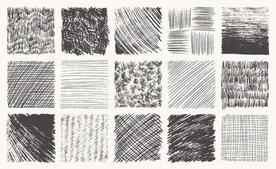 Sketch pencil texture set. Pen hatch effect, black scribble chalk, grunge freehand vector. Handmade pencil lines, strokes, doodles and scratches.
