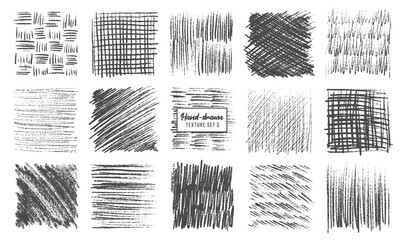 Sketch pencil texture set. Pen hatch effect, black scribble chalk, grunge freehand vector. Handmade pencil lines, strokes, doodles and scratches.