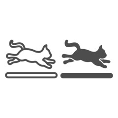 Poster - Jumping cat, kitty in motion line and solid icon, pets concept, active kitten jumps vector sign on white background, outline style icon for mobile concept and web design. Vector graphics.