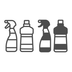 Fototapete - Cleaning agents, spray and bottle, detergent line and solid icon, cleaning concept, washing vector sign on white background, outline style icon for mobile concept and web design. Vector graphics.
